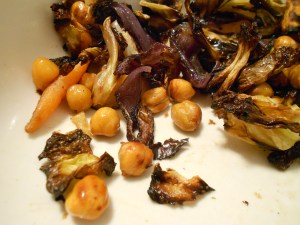 Cabbage, carrots, sweet potatoe chunks, red onion wedges & chickpeas