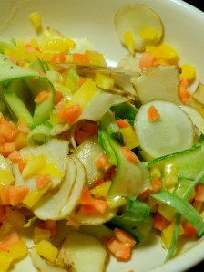 The white slivers are Jerusalem Artichokes = a sorta combo of cucumbers and coconuts. VERY nice!