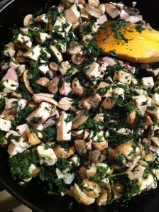 Pan full of PRE-RICE chicken-mushroomy-spinachy-joy