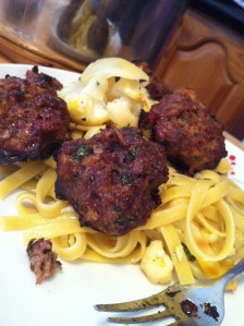 C topped his pasta with the meatballs. Pretty!