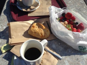 My lunch - Coffee, Bread, Fruit